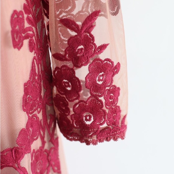 Chicwish V-Neck Floral Embroidered Mesh Maxi Dress in Wine - Picture 7 of 9